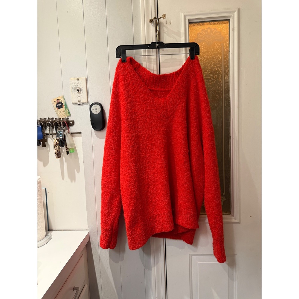 Aerie Oversized Red Fuzzy V-Neck Knit Sweater XL Slouchy Cozy Pullover